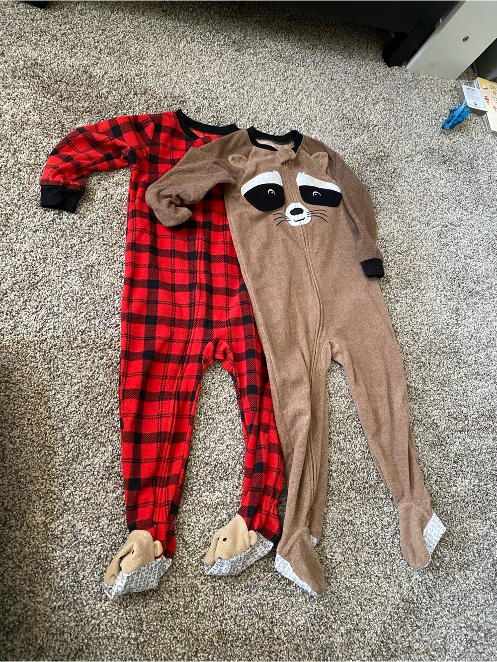 Toddler Red Buffalo Plaid & Brown Raccoon One-Piece Fleece Pajamas - Size 3T